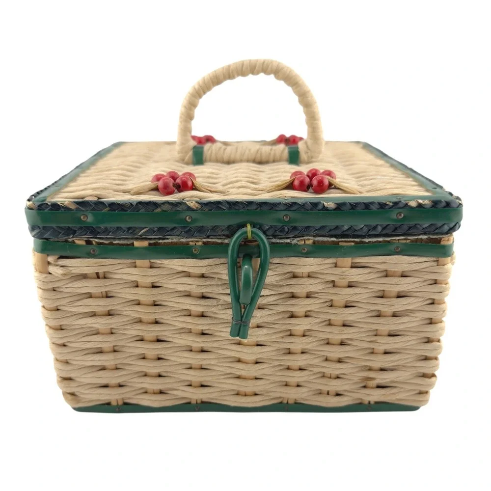 Vintage Japan Wicker Sewing Basket  Cherry Berry Lid Square Box Needs‎ Lining